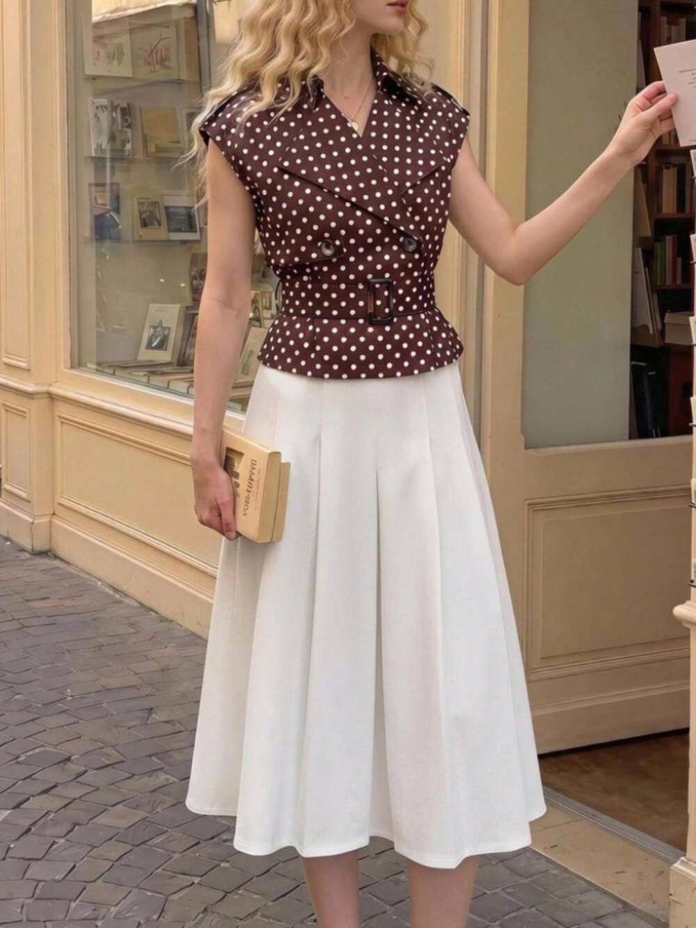 Brown Polka Dot Sleeveless Trench Vest with Belted Waist